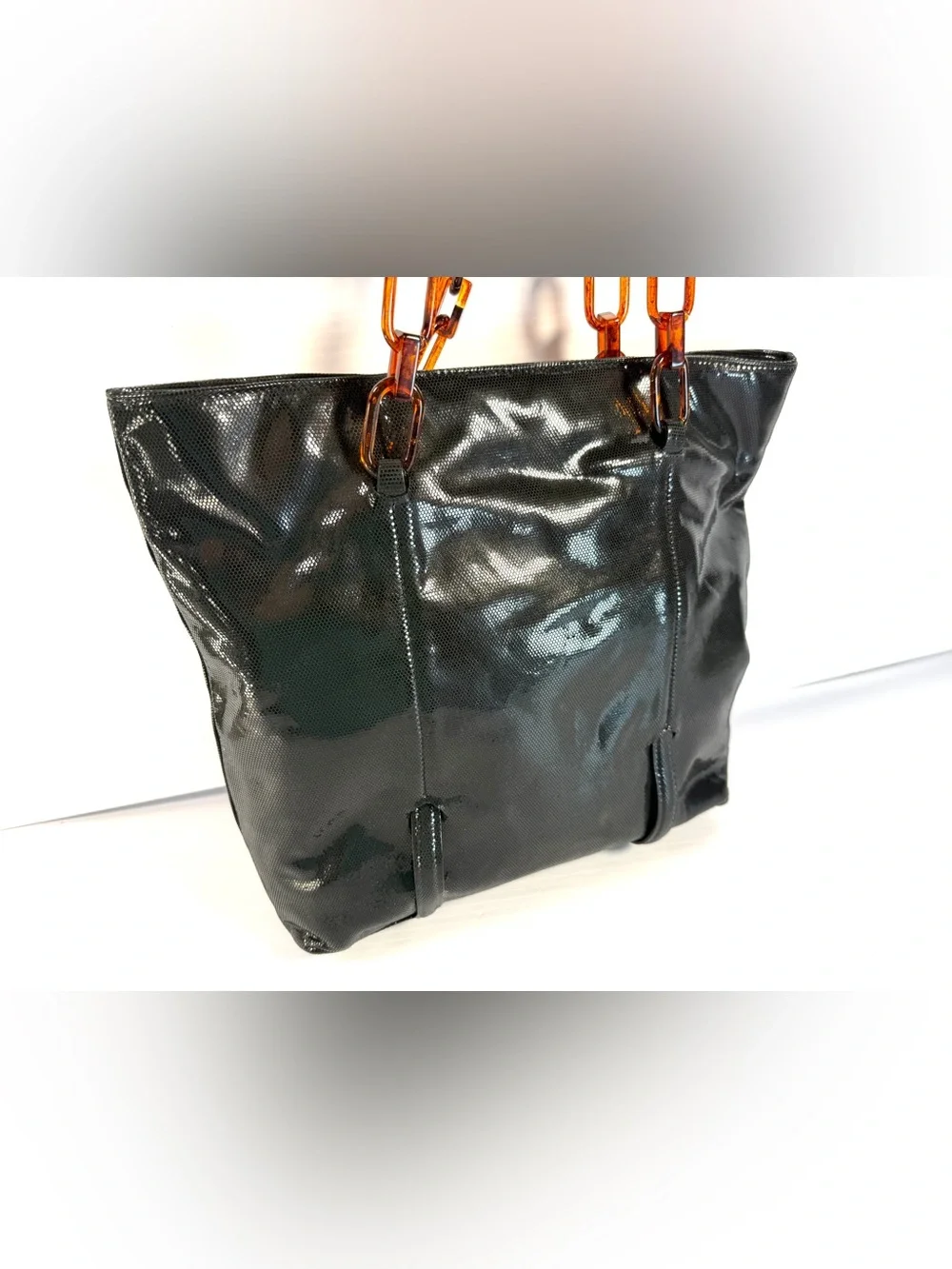 Aleda Patent Black Tote with Tortoise Lucite Chain Straps